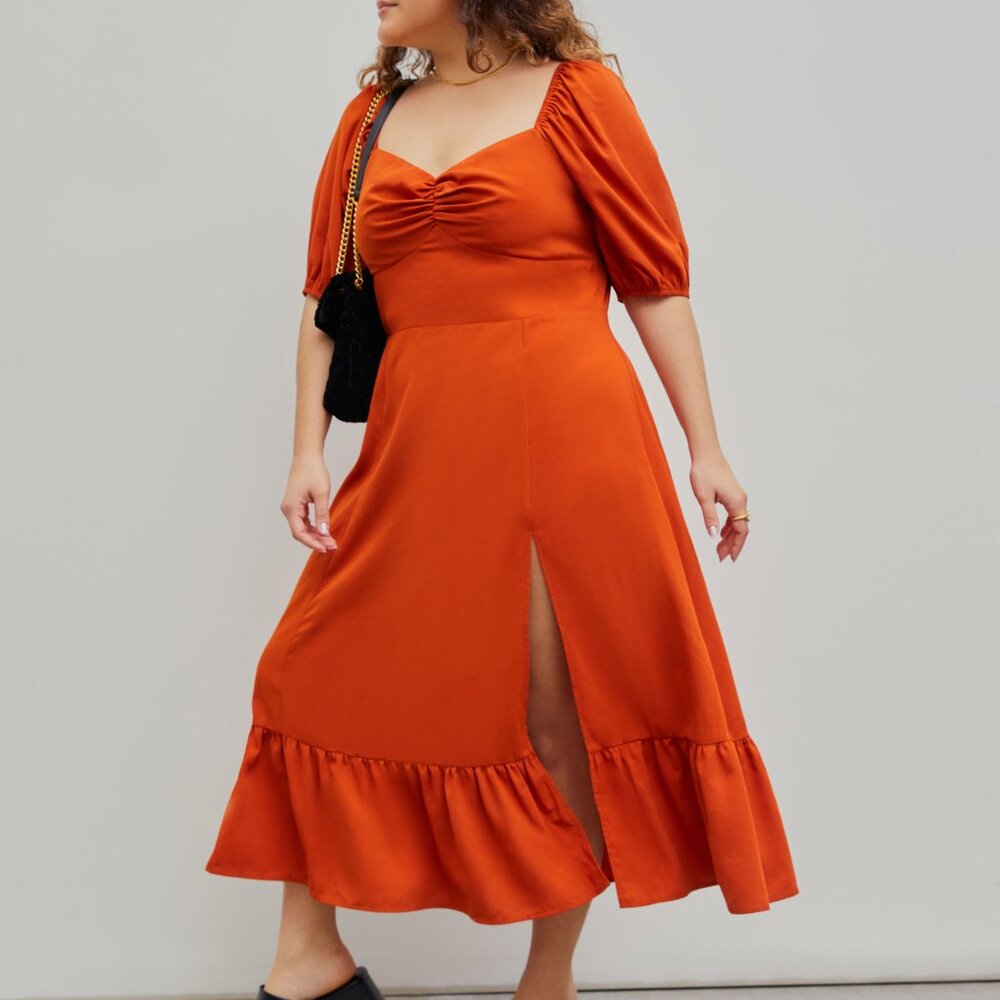 Cider Orange Square Neck Slit Midi Dress, Plus Size, NWOT